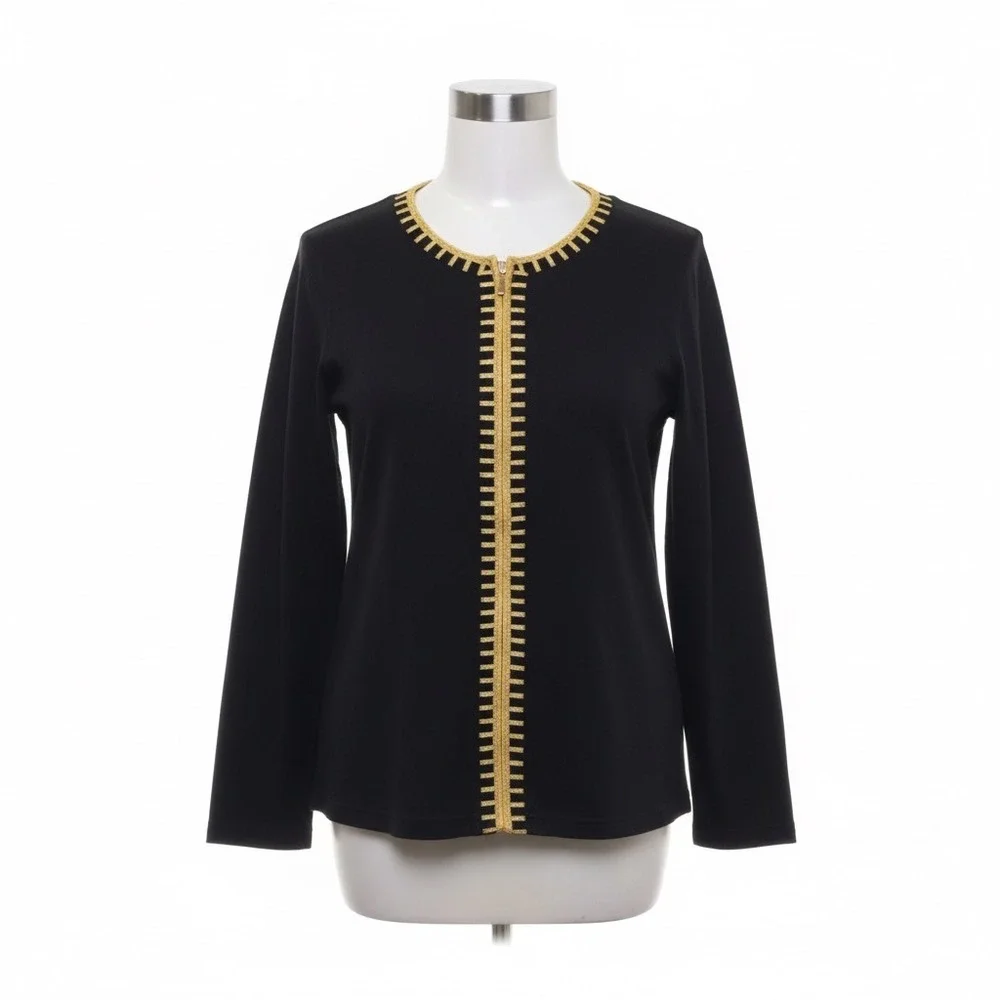 Bobbie Brooks‎ Cardigan Black Gold Full Zip Top M Sparkle Shimmer Glam Statement
